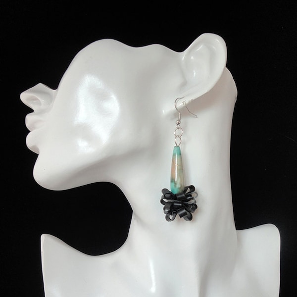 Black earrings with green / brown / beige glass bead.