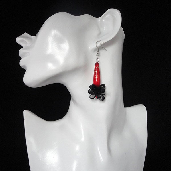 Earrings with red glass bead / Red with black earrings