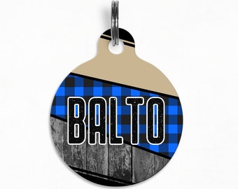 Pet ID Tag | "Balto" - Lumberjack Blue Buffalo Plaid Abstract Dog Tag, Double Sided