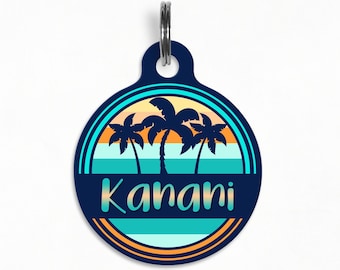 Etiqueta de identificación de mascotas ( Pet ID Tag) "Kanani"- Retro Sunrise Palm Tree Dog Tag, de doble cara