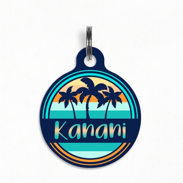 Étiquette d’identification pour animaux de compagnie (en anglais seulement) "Kanani"- Retro Sunrise Palm Tree Dog Tag, Double Sided