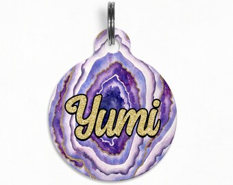Pet ID Tag | "Yumi" - Golden Violet Ombre Agate/Geode Dog Tag, Double Sided