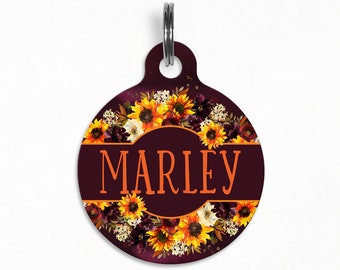 Pet ID Tag | "Marley" - Golden Plum Sunflower Blossom, Nomadic Tails Bandana Collab Dog Tag, Double Sided