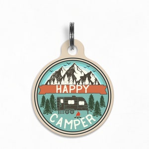 Pet ID Tag | &quot;Happy Camper&quot; - Adventure Camper Badge Dog Tag, Double Sided