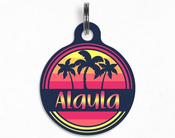 Etiqueta de identificación de mascotas ( Pet ID Tag) "Alaula"- Retro Sunset Palm Tree Dog Tag, de doble cara