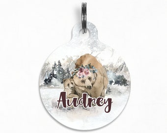 Pet ID Tag | "Audrey" - Snowy Mama Bear Floral Forest, Winter Dog Tag, Double Sided