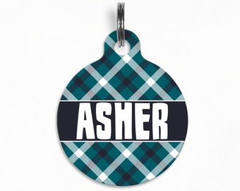 Pet ID Tag | "Asher"- Teal Plaid Fall Dog Tag, Double Sided, Pacific Hound Collab