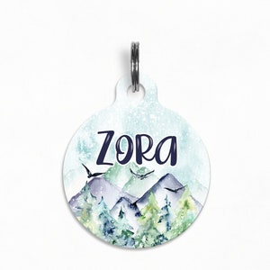 Pet ID Tag | &quot;Zora&quot; - Purple Mountain Forest, Winter Dog Tag, Double Sided