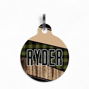 Pet ID Tag | "Ryder" - Olive Buffalo Plaid Abstract Dog Tag, Double Sided, Pacific Hound Collab