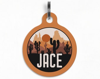 Pet ID Tag | "Jace" - Terracotta Desert Mountain Silhouette Dog Tag, Double Sided