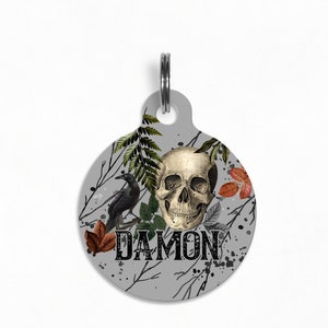 Pet ID Tag | &quot;Damon&quot; - Raven Skull Dog Tag, Wanderlust Webbing Tag, Double Sided