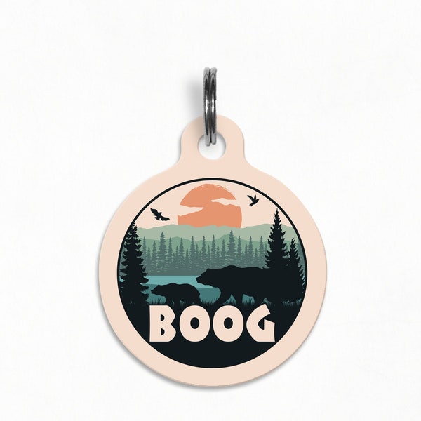 Pet ID Tag | "Boog" - Mama Bear Mountain Silhouette Dog Tag, Double Sided