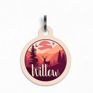 Pet ID Tag | &quot;Willow&quot; - Mountain Deer Sunset Silhouette Dog Tag, Double Sided