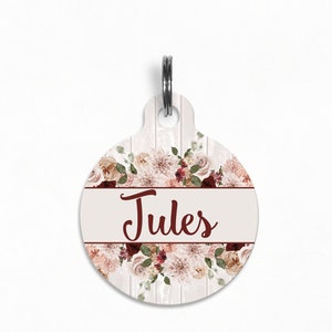 Pet ID Tag | &quot;Jules&quot; - Vintage Blush Watercolor Floral Dog Tag, Double Sided