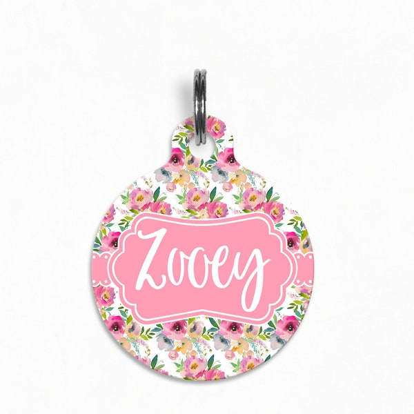 Pet ID Tag | "Zooey" - Watercolor Garden Pastel Floral II Dog Tag, Double Sided