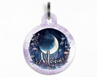 Pet ID Tag | "Moon" - Enchanted Moon Floral, Watercolor Dog Tag, Double Sided