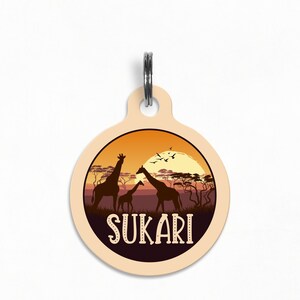 Pet ID Tag | &quot;Sukari&quot; - Giraffe Safari Sunset Silhouette Dog Tag, Double Sided
