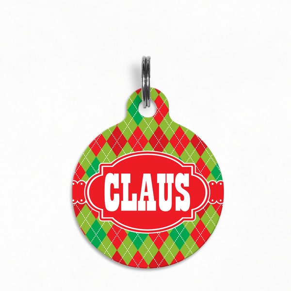 Haustier ID-Tag | "Claus" - Weihnachten Argyle Dog Tag, doppelseitig