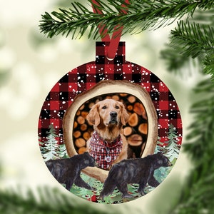 Christmas Pet Photo Ornament - Black Bear Buffalo Plaid