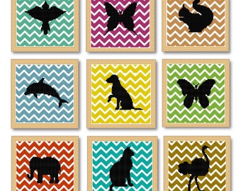 Ensemble de 9 modèles de point de croix Silhouettes d'animaux en Chevron Télécharger 70x70 points (5"x5")