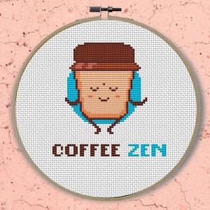 Kaffee Zen Kreuzstichmuster PDF 8,6 &quot;x 4,07&quot; Sofortiger Download Stickmustertabelle