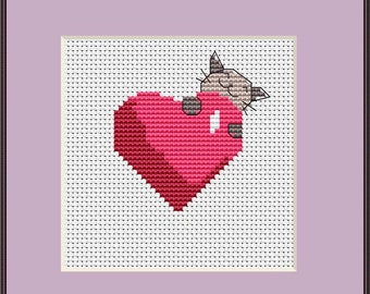 Simple and Cute Cat with Heart Cross Stitch Pattern (PDF / JPG) 2,5" x 2,5" Downloadable ePattern (Anchor)