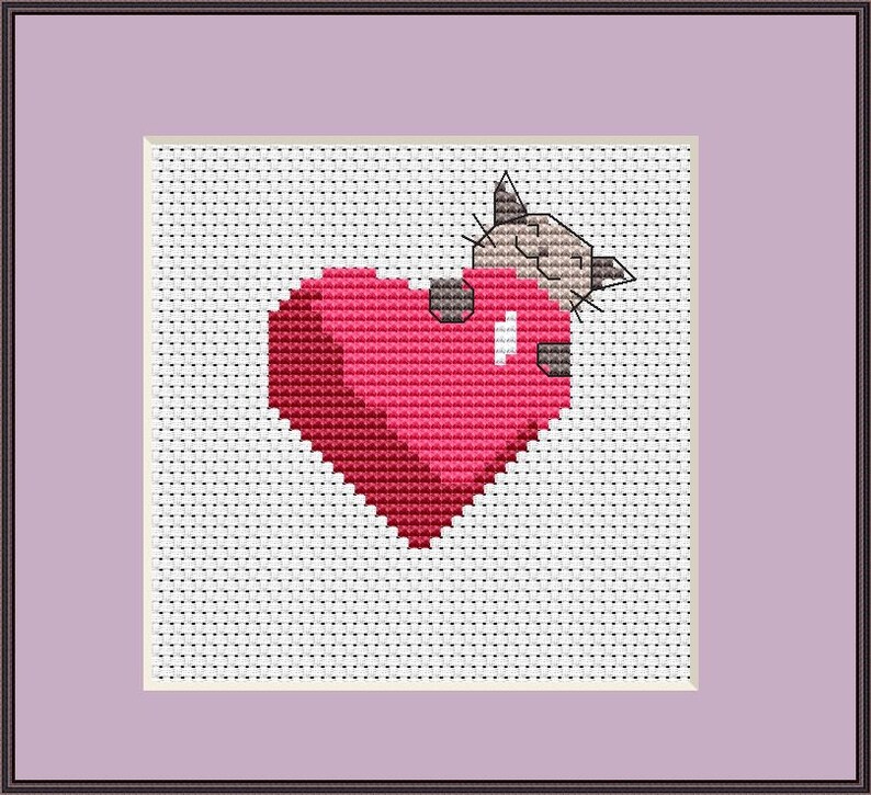 Simple and Cute Cat with Heart Cross Stitch Pattern PDF / JPG 2,5 x 2,5 Downloadable ePattern Anchor image 1