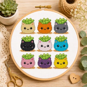 Cross Stitch Pattern 9 plant pots cats Kawaii PDF / JPG download Embroidery Chart
