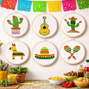 Patrón de punto de cruz Fiesta Mexicana Maracas Piñata Sombrero Cactus Guitarra Descarga PDF