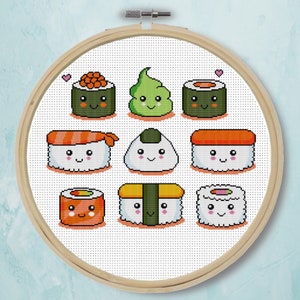 Teste padrão do ponto transversal Sushi Kawaii PDF/JPG download carta do bordado