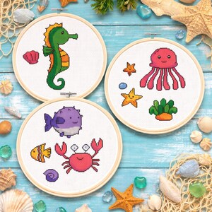 Sea Animals Cross Stitch Pattern Chart Pdf / Jpg Immediate Download Kawaii Cute patterns Seahorse Sea shells