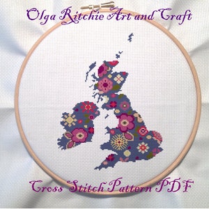 FANTASTISCHE Kreuzstichvorlage Florale Karte von Großbritannien und Irland 20 x 11 Zoll PDF (Immediate Download) DMC / Anchor