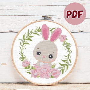 Cute Bunny Cross Stitch Pattern PDF 7&quot; x 7&quot; Embroidery Digital Download