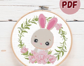 Cute Bunny Cross Stitch Pattern PDF 7" x 7" Embroidery Digital Download