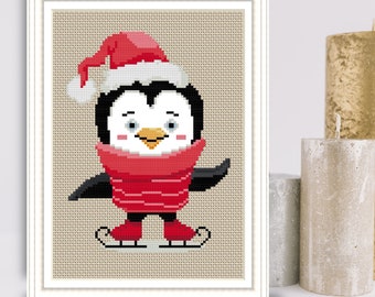 Cross Stitch Pattern Christmas Penguin Skating Printable PDF 5" x 7" (67 x 94 stitches)