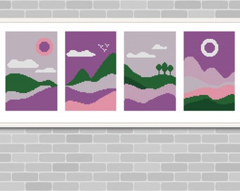 Cross Stitch Pattern Set Abstract Landscape Immediate Download 19"x6" Wall Art