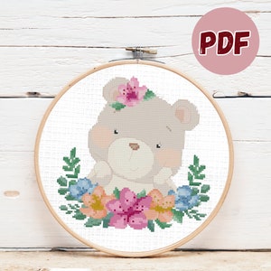 Cute Bear Cross Stitch Pattern PDF 7&quot; x 7&quot; Embroidery Digital Download