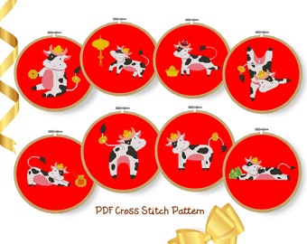 Set of 8 Cross Stitch Patterns Pdfs Chinese Cows Counted Cross Stitch 8"x8" chart Chinese New Year Luck