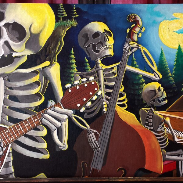 Bone Men Trio 2//16x20// oil on canvas board//Free Shipping in the U.S.A.// skull painting// music painting// dark painting//