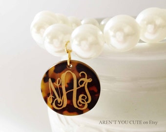Monogrammed Bracelet - Pearl Style with Monogrammed Tortoise Shell Charm
