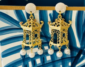 Gold Tone and Pearl Pagoda Earrings