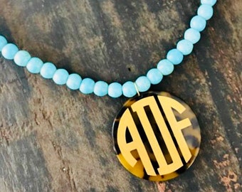 Howlite Necklace with Monogrammed Tortoise Shell Disc