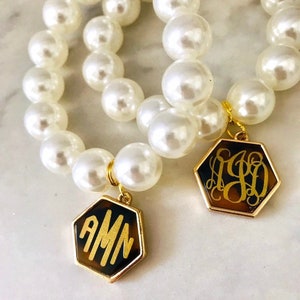 Pearl Style Bracelet with Monogrammed Honeycomb Tortoise Shell Charm