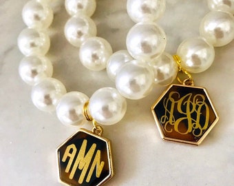 Pearl Style Bracelet with Monogrammed Honeycomb Tortoise Shell Charm