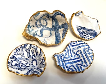 Blue and White Oyster Shell Decor Ring Dish