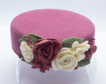 Dusky Pink Wool Felt Pillbox Percher Hat with Wool Blend Flowers and Hand Embroidered Leaves