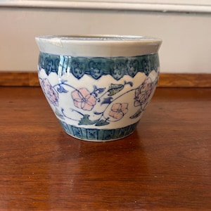 Vintage Chinese Blue & Pink Polychrome Ceramic Flower Pot Planter Jardinare 6&quot;