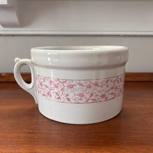 Può includere: Brocca in ceramica bianca con un motivo floreale rosa e un bordo dorato intorno alla parte superiore. La brocca ha un'unica maniglia.