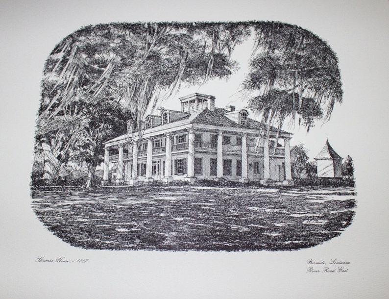 Print of Pen & Ink Drawing Houmas House Plantation on River | Etsy