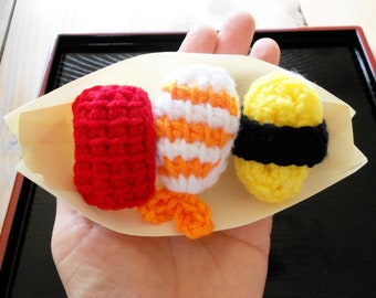 Crocheted sushi set, Maguro, ebi, tamago, sushi amigurumi, tunisian crochet play food with chopsticks, learn to use chopsticks